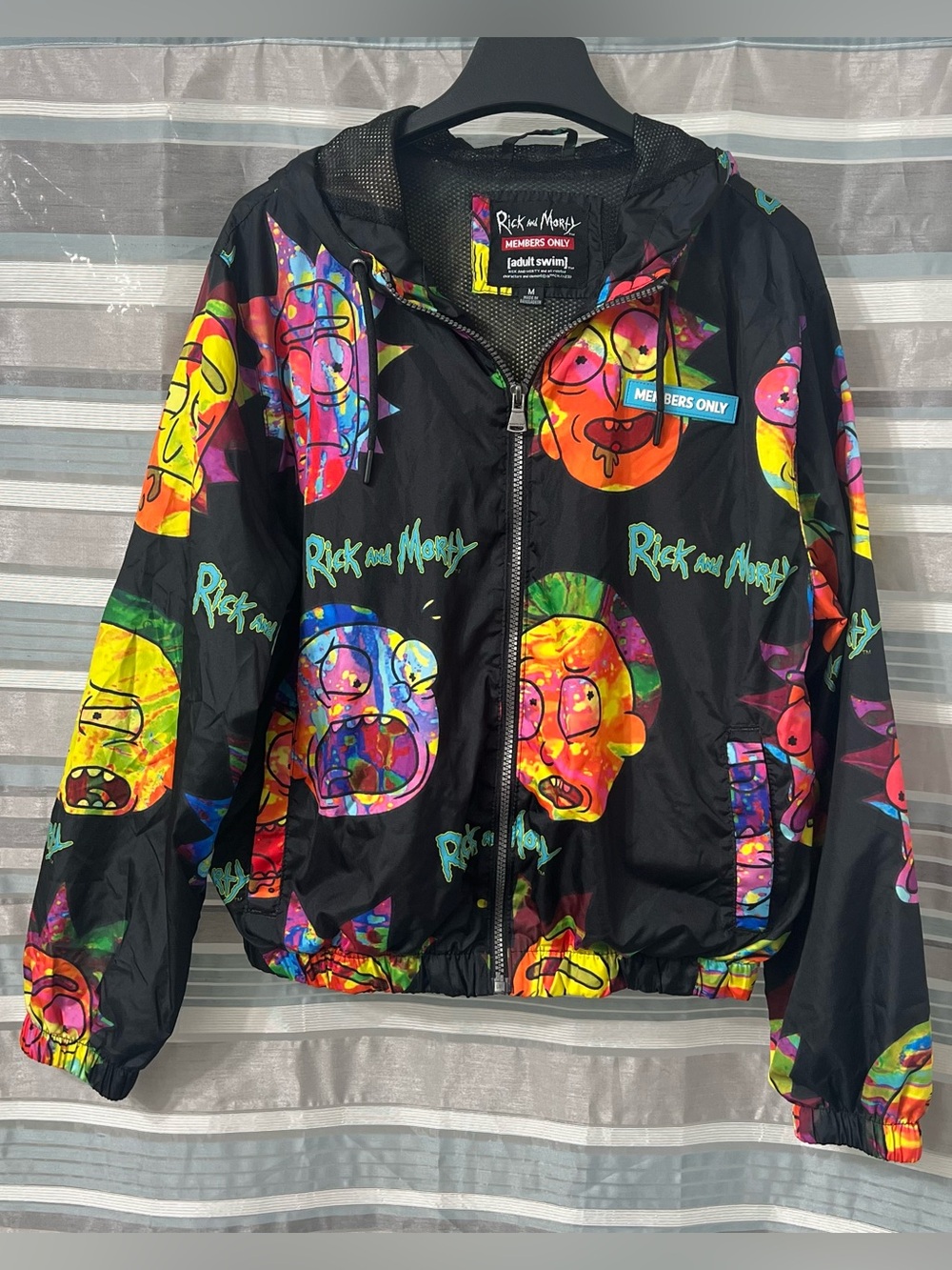 Members Only Black Rick and Morty Multicolor Graphic Windbreaker Hooded Jacket